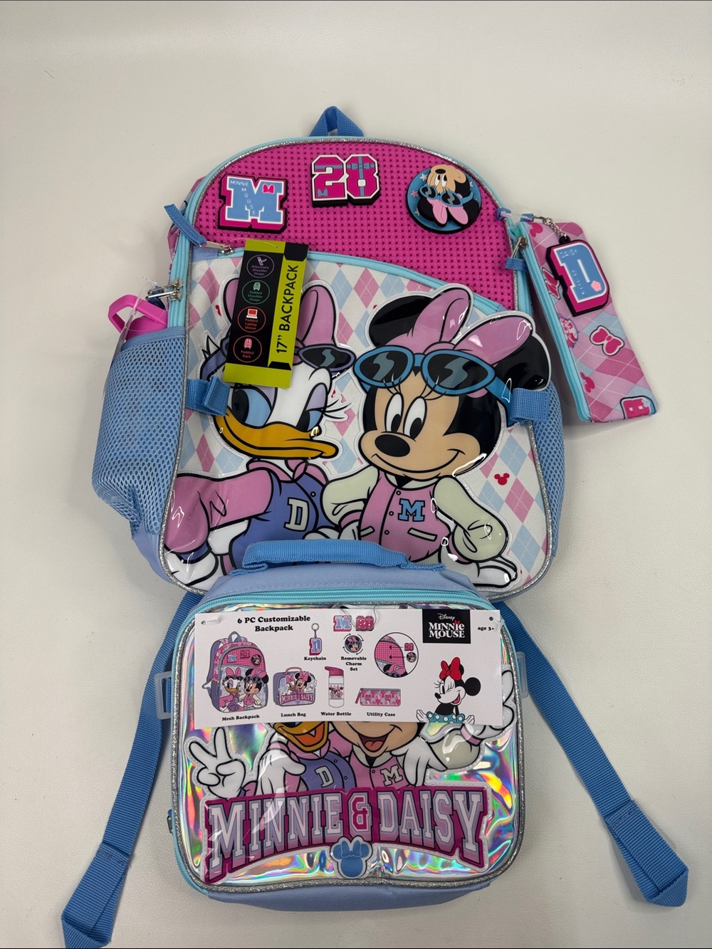 Disney Minnie Mouse Backpack lunch bag & 6 piece set pink blue New NWT